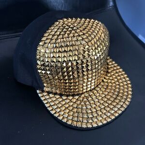 Black Flat Brimmed SnapBack Hat with Gold Pyramid Studs